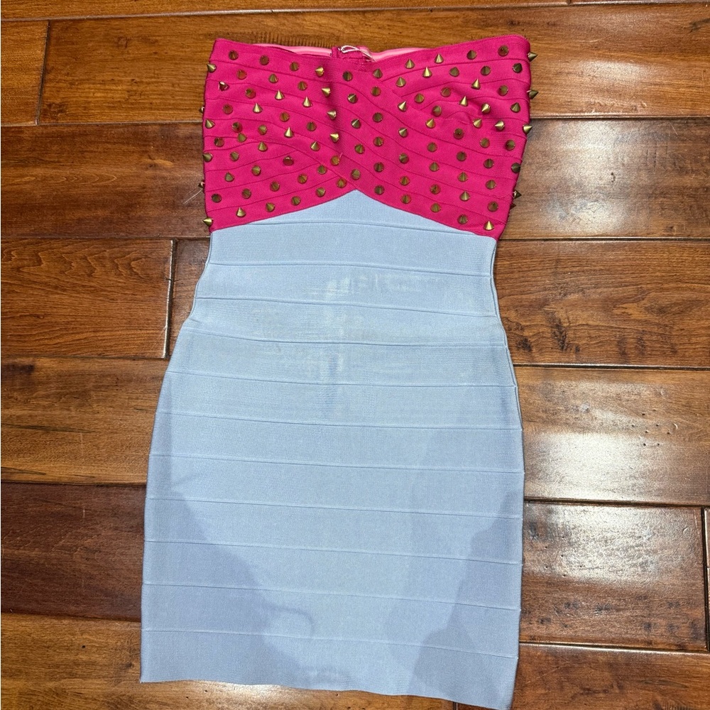 Pink and Blue Studded Strapless Dress